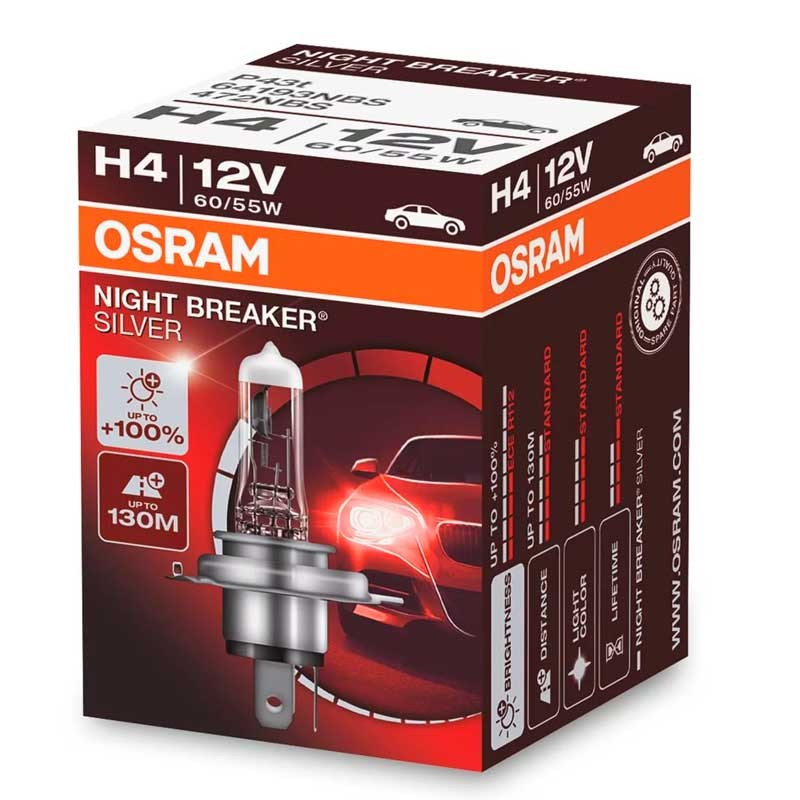 Халогенна крушка Osram Night Breaker Silver H4 +100% 60W/55W, 12V, P43t, 1 брой 1 - Mixauto.bg